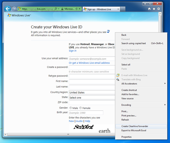 Right click on any page and pick the 'Create Clearhive forwarder' option