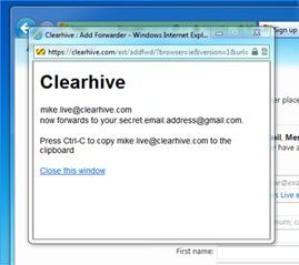 Clearhive created a popup for live.com
